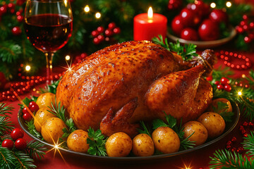 Festive christmas dinner: roast turkey with glazed potatoes, decor, wine, and candlelight