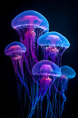 Un groupe de m&eacute;duses bioluminescentes flottant dans un vide noir profond, avec des tentacules bleu n&eacute;on et violet &eacute;lectrique