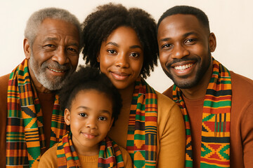 Black history month. Happy african american family portrait with traditional kente scarves.