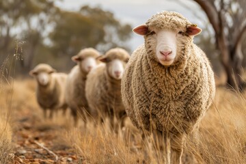 Naklejka premium Serene Flock in the Outback: A small flock of sheep stand in a serene outback setting, showcasing the tranquil beauty of these woolly creatures in a natural environment.