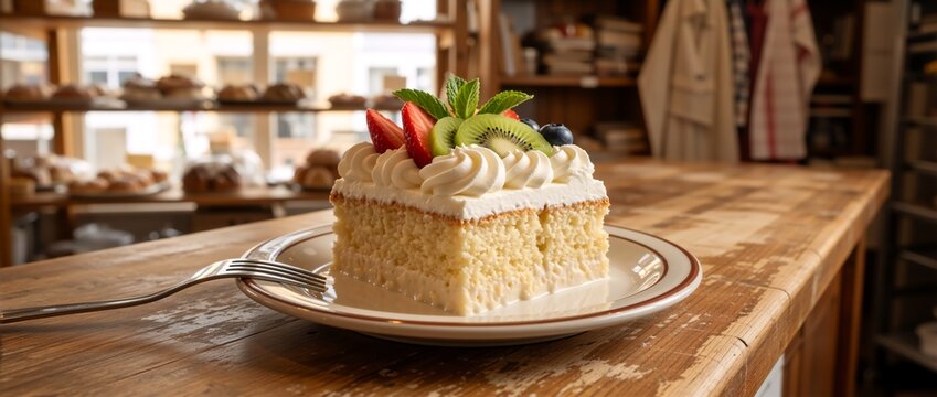 A slice of Tres Leches cake with whipped cream and fresh fruit. Delicious sponge dessert on a rustic wooden counter in a bakery