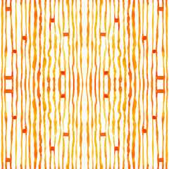Watercolor seamless pattern with hand-drawn orange dots and stripes background. Ornament in decorative style. Vintage fashion fabric design, repeat print collection.