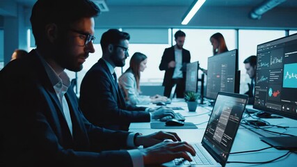 Business professionals work at desks with laptops and multiple monitors displaying financial charts, trading graphs, and data analytics in modern corporate office. Team collaboration during market - Powered by Adobe