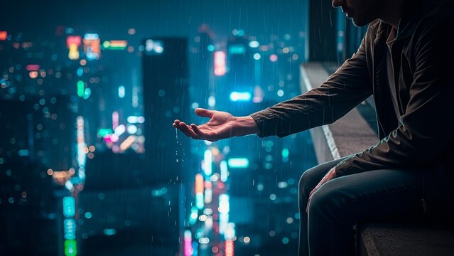 Melancholic Silhouette on a Rainy Night: A Reflection on Urban Isolation and the Search for Inner Peace - Powered by Adobe