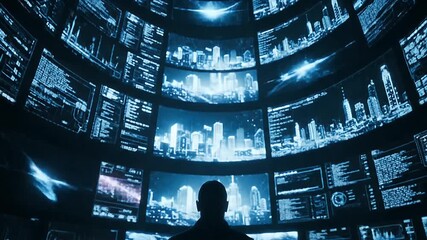Futuristic panoramic display grid showing glowing blue metropolitan skylines and streaming digital interface data representing global technology - Powered by Adobe