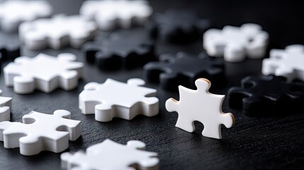 Jigsaw puzzle with one piece missing on black surface, showing challenges in teamwork and collaboration, with a focus on finding the last piece together