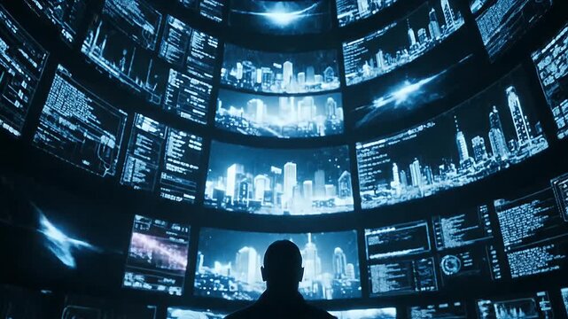 Futuristic panoramic display grid showing glowing blue metropolitan skylines and streaming digital interface data representing global technology