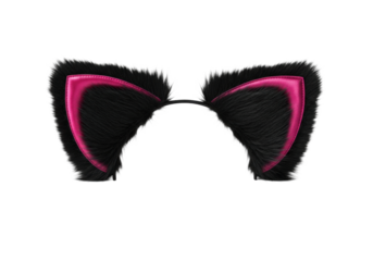 black faux fur cat ears headband with glossy dark pink interior, isolated on a transparent background, professional studio lighting, macro view. concept for fashion novelty accessory advertising