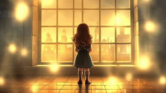 little girl looks out big window in castle magic illustrated animation
