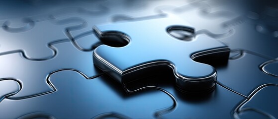 Black jigsaw puzzle with one missing piece surrounded by high contrast background, showcasing sharp details and professional composition in macro view