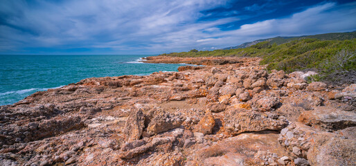 Walking Coast Path, Sierra de Irta Natural Park, Costa de Azahar, Bajo Maestrazgo, Castell&oacute;n, Comunidad Valenciana, Spain, Europe