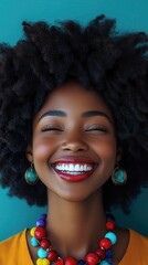 A woman with curly hair and a red lipstick is smiling and wearing a colorful necklace. The necklace is made of beads and has a variety of colors