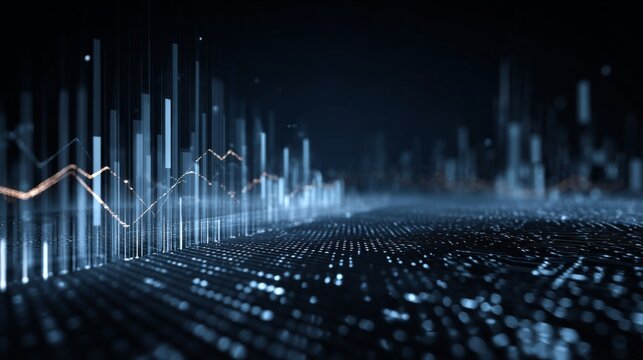 Abstract futuristic data visualization with glowing lines, digital graph, and technology elements representing growth and analytics in a dark setting - Powered by Adobe