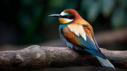Obraz premium A vibrant bird with a long tail sits gracefully on a sturdy branch. Its colorful plumage shines brightly against the green backdrop, showcasing nature's artistry in a serene moment