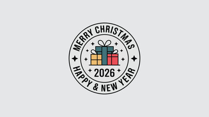 Merry Christmas and Happy New Year 2026 festive logo with gifts