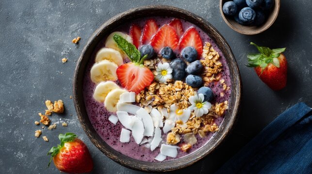 Colorful and Nutritious Fruit Smoothie Bowl with Granola, Coconut, and Berries on Dark Background for Healthy Eating Concept
