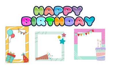PNG image of Colorful happy birthday photo booth frames featuring balloons gifts party hats stars confetti and a tiered cake design elements on transparent background
