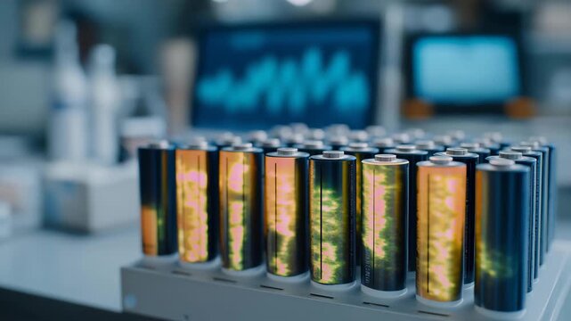 A battery tester in an energy lab analyzing charge cycles on a row of shimmering lithium cells, digital thermal maps revealing hotspots in vibrant neon gradients &mdash; advanced energy testing,