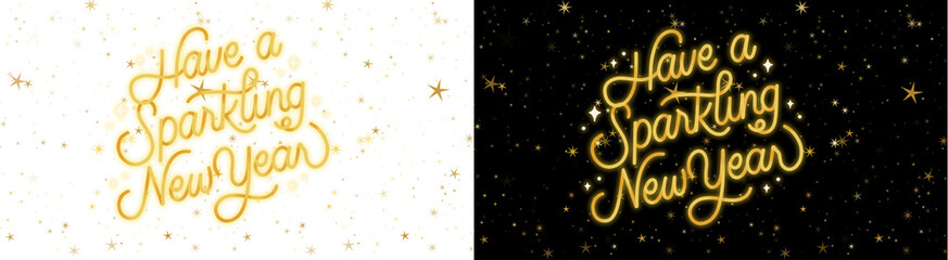 PNG image of Festive golden new year greetings featuring sparkling typography and scattered star confetti against a deep for celebrations on transparent background © MariaAlam
