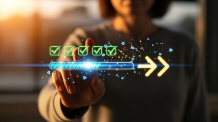 Person interacts with glowing digital progress bar and checklist icons.