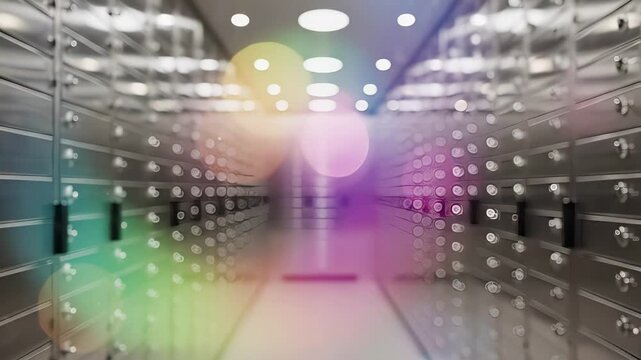 A secure bank storage facility with rows of high-tech vaults under vibrant rainbow lighting. Financial security, asset protection, and digital management in a modern, futuristic environment.
