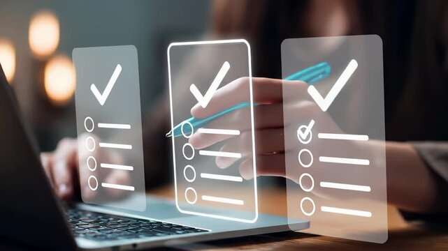 Professional working on laptop with digital checklist interface displaying completed tasks. Virtual transparent screens show multiple task lists with checkmarks indicating progress and workflow