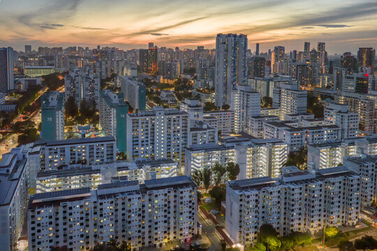 Aerial view of Housing Development Board (HDB) flats at Whampoa Road basking in the warm glow of twilight, Singapore, Singapore.