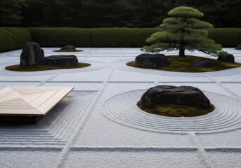 Obraz premium Japanese rock garden with raked white gravel, rocks and a large pine tree. Zen garden for meditation and relaxation or spiritual concept.