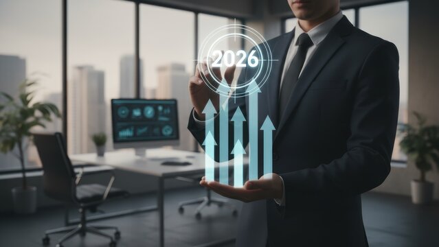 Businessman interacts with holographic 2026 growth chart in office. - Powered by Adobe
