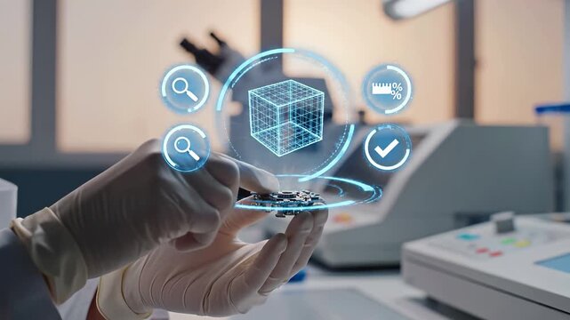 Professional holding holographic projection of wireframe cube with digital interface icons for search, measurement and verification. Virtual technology display with connected circular menu elements