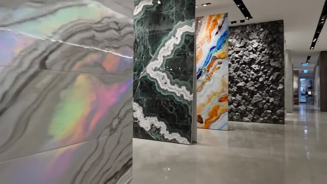 Exquisite showroom displaying luxury abstract stone and tile surfaces with vibrant iridescent patterns and even lighting.