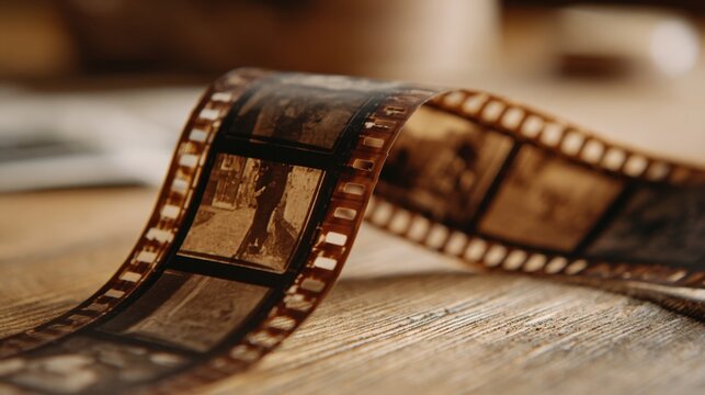 Film strip on wooden surface