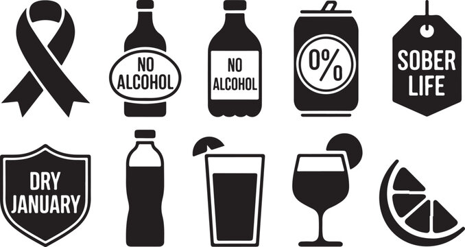 Collection Of Alcohol Free And Dry January Icons Keywords: alcohol free, dry january, sober life, no alcohol, ribbon, bottle, can, glass, cocktail, lemon slice, shield, tag, icon, set, collection