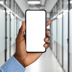 Focused Hand Holding Smartphone in Modern Office Hallway