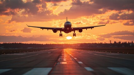 Fototapeta premium Airplane Landing at Sunset Over a Runway with Vibrant Sky Colors and Dramatic Cloud Formation in the Evening Light