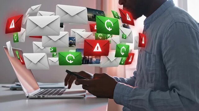 Man receives many emails on his phone and laptop.