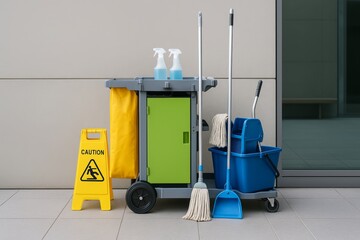 Professional cleaning equipment set with mop, bucket, caution sign and cart placed against modern wall for janitorial industry concept image use. Ai generative