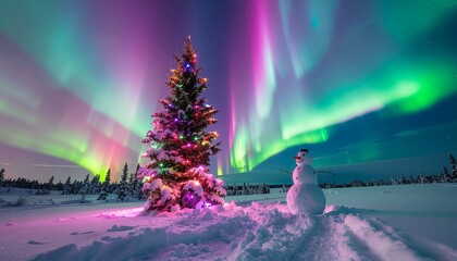 Magical winter scene with snowman and Christmas tree under vibrant aurora borealis