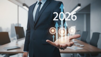 Businessman holding holographic projection of year 2026 growth arrows