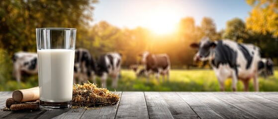 Glass of milk on wooden table with farm background and cow grazing in meadow during sunny day