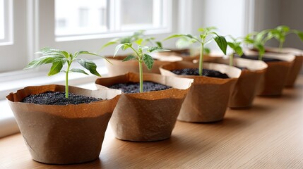 Seedlings grow in cardboard pots on a windowsill with blurred background and natural light during a sunny day