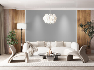 Luxury Modern Living Room Mockup with Empty Grey Wall, White Sofa, Wood Paneling, and Accent Chairs