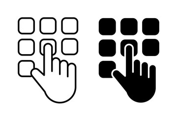 Finger click keypad enter pin, code, password, pattern, autofill, swipe, fingerprints, lock, unlock, passkey icon set vector. Pointer cursor сomputer mouse icon. Clicking cursor, hand clicks icons. 