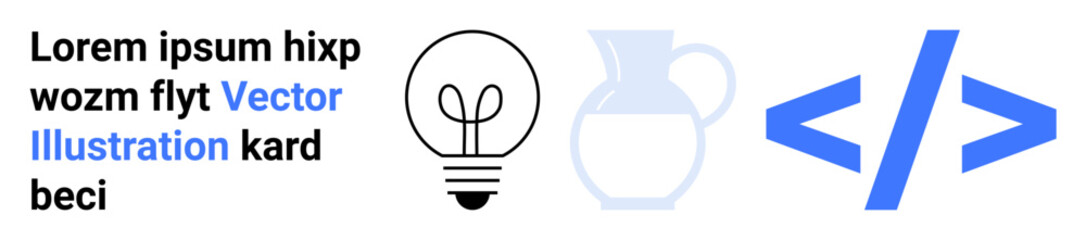 Technology design, programming, creativity, conceptual art, UI prototyping, innovation. Lightbulb with a coding symbol and minimalist jug graphic. Technology design and programming concepts