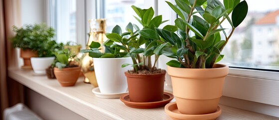 Close-up view of young seedlings growing in pots on a bright windowsill during springtime season with natural light illuminating each plant