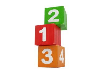 Dynamically stacked high, brightly colored wooden number blocks 1, 2, 3 in a close-up studio shot against a white backdrop with ample copy space. Concept of foundational learning