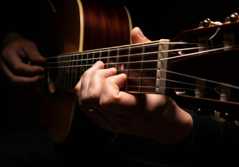 Fototapeta premium Man playing acoustic guitar, close-up of hands on fretboard as a musician performs music. Musical instrument for concert poster or album cover.