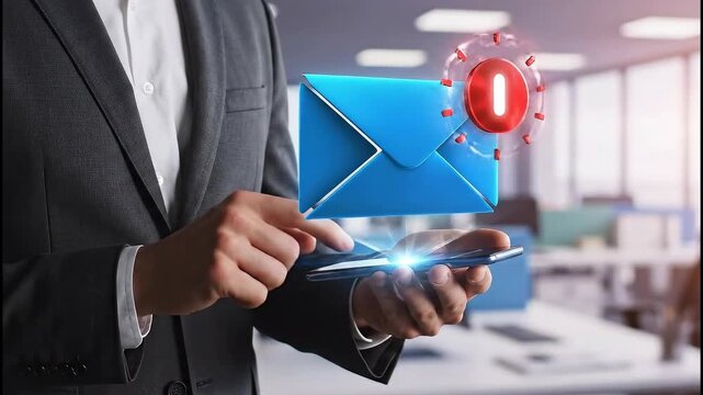 Businessman sending email from smartphone with digital envelope and notification