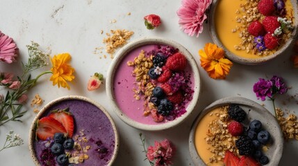Three smoothie bowls sit on a table