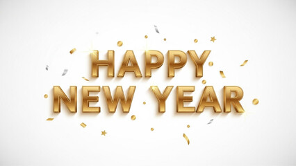 Happy New Year Elegant Metallic Gold 3D Lettering with Festive Confetti Vector Illustration